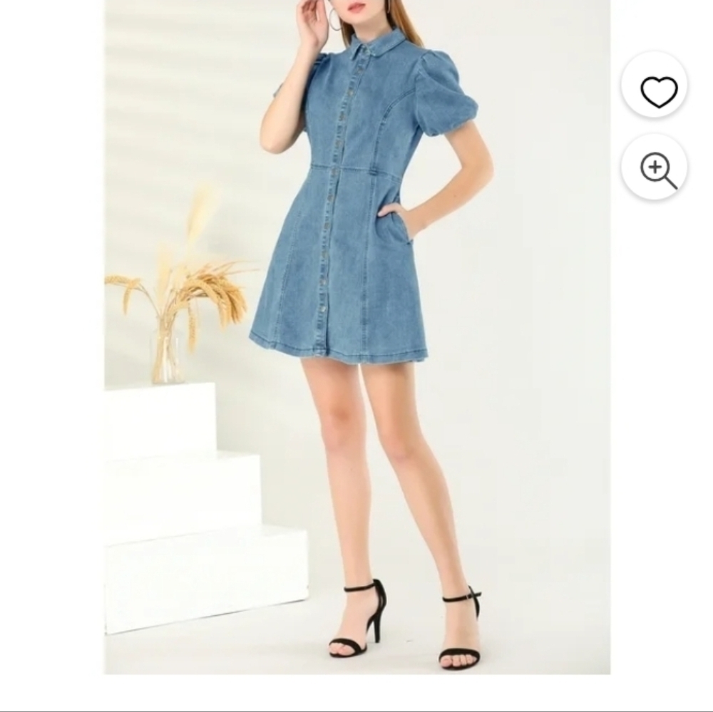 Allegra K Women's Denim Dress Puff Short Sleeve Button Shirt Dresses